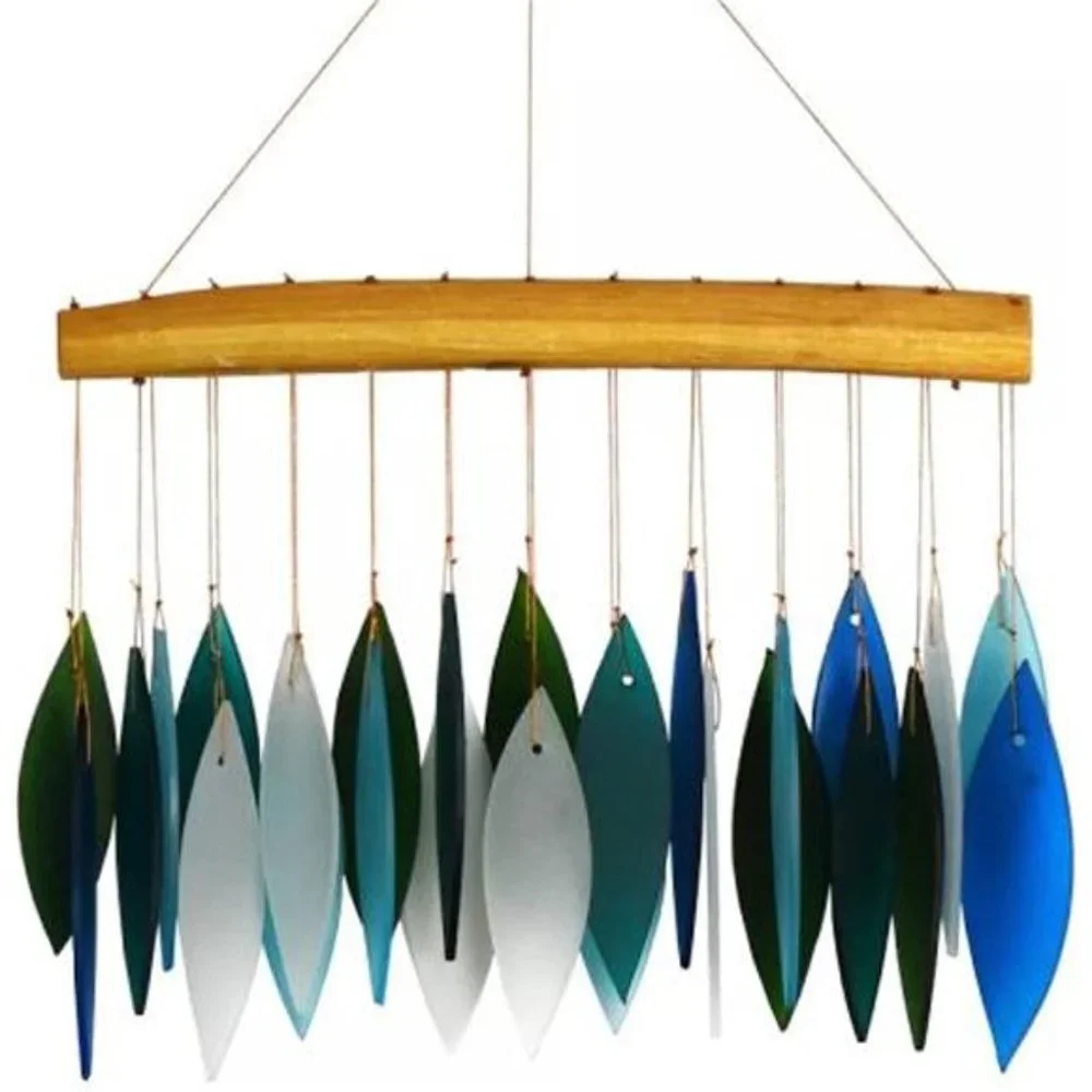 Sandblasted Glass and Found Wood Handcrafted Wind Chime